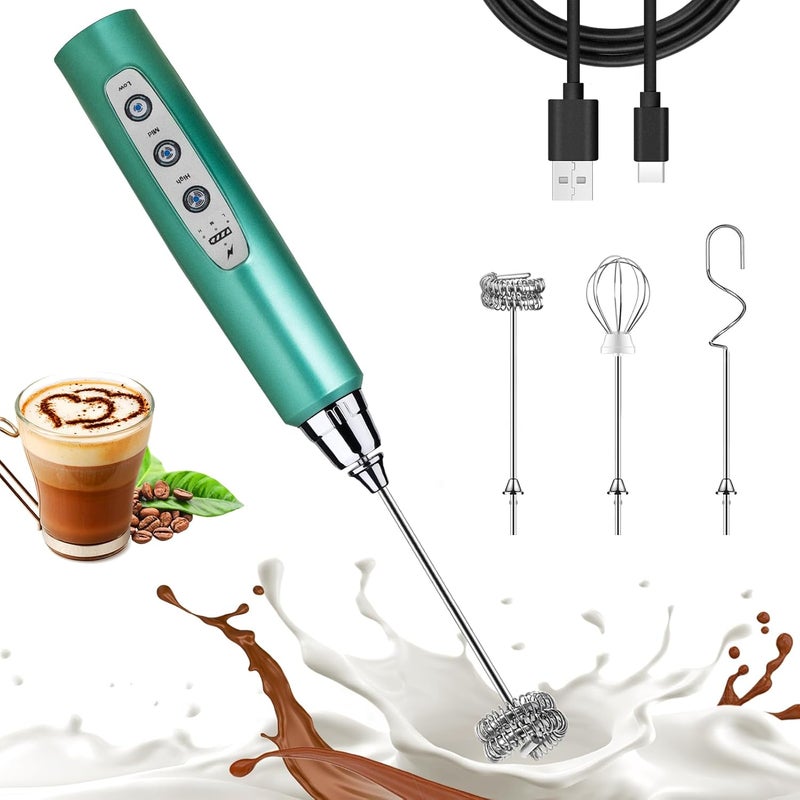 Nahida Green Milk Frother Wand for Coffee, Frother Handheld Rechargeable Electric Whisk with 3 Heads 3 Speeds Drink Mixer Coffee Frother Foam Maker For Latte, Cappuccino, Hot Chocolate, Egg - Image 1